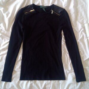 Lauren By Ralph Lauren Black Long Sleeve Zip Shoulder Top Size Small